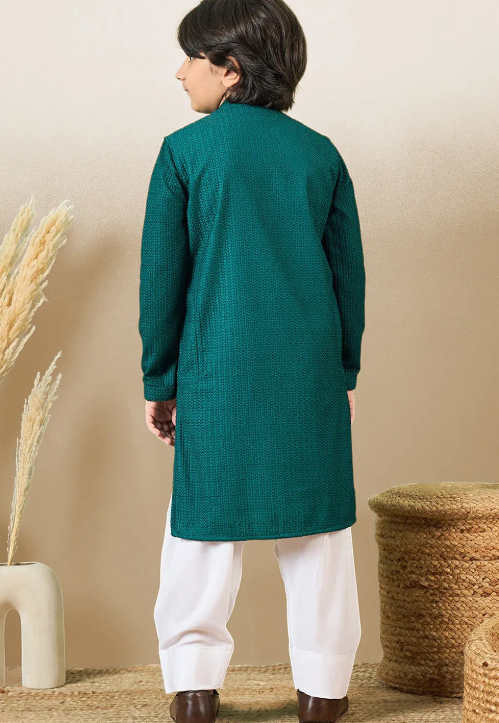 Chikankari Pure Cotton Kurta Set in Dark Teal Green