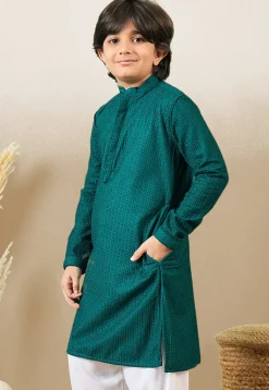 Chikankari Pure Cotton Kurta in Dark Teal Green