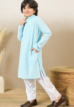 Chikankari Pure Cotton Kurta Set in Sky Blue