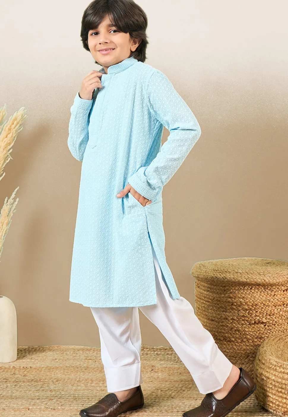 Chikankari Pure Cotton Kurta Set in Sky Blue