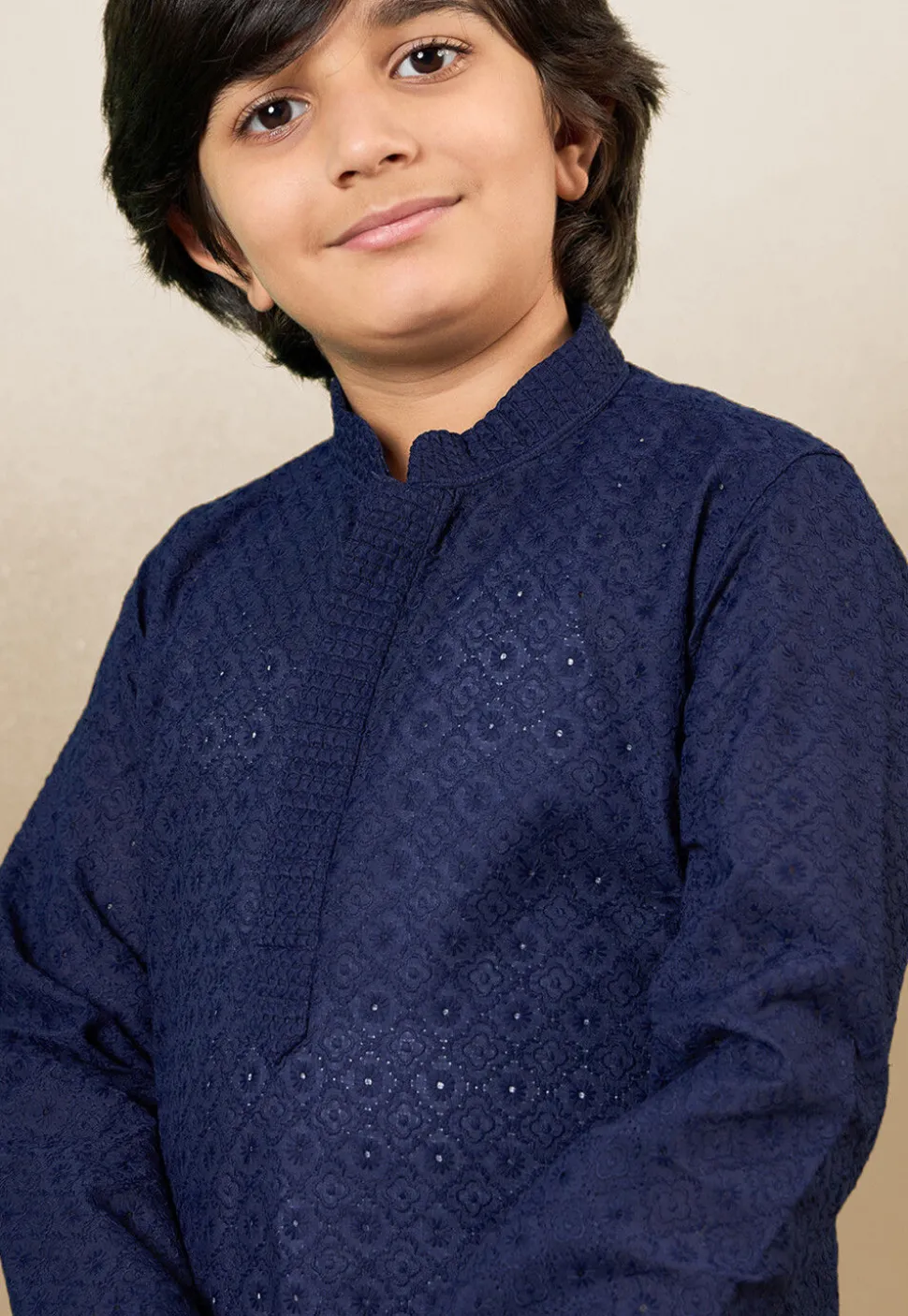 Chikankari Pure Cotton Kurta Set in Navy Blue