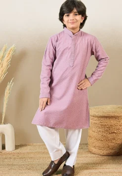 Chikankari Pure Cotton Kurta Set in Light Purple