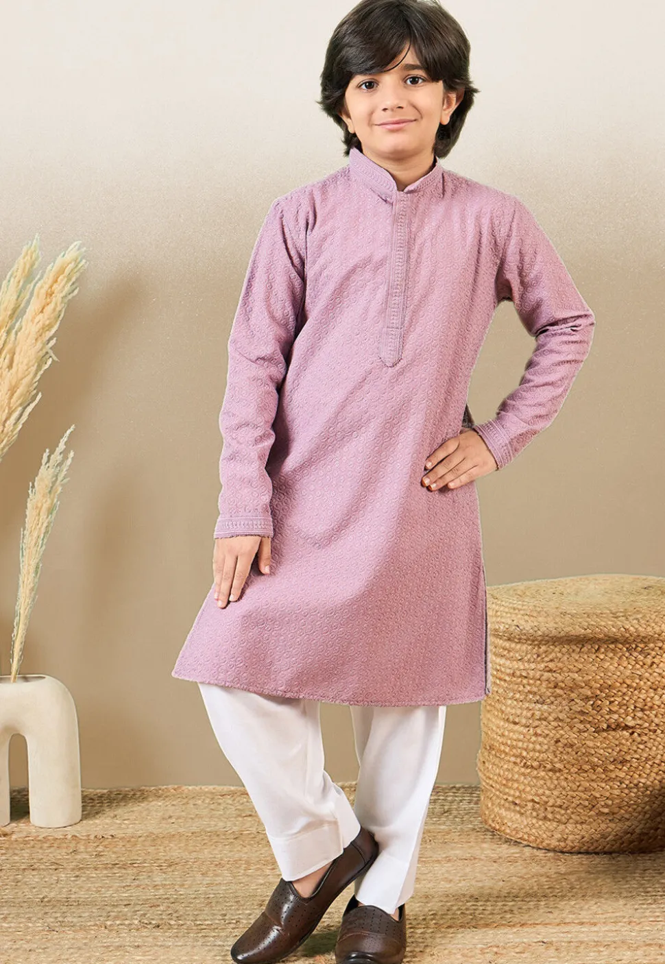Chikankari Pure Cotton Kurta Set in Light Purple