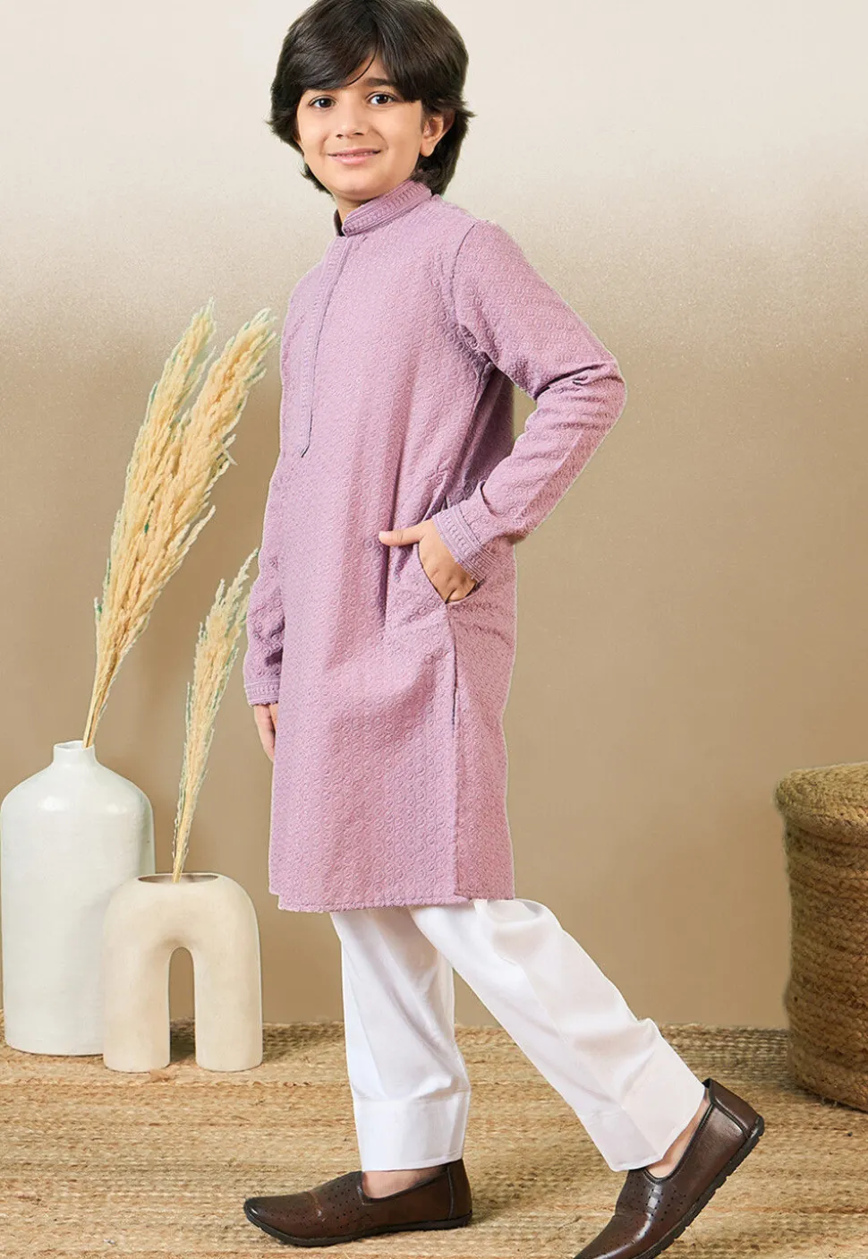 Chikankari Pure Cotton Kurta Set in Light Purple