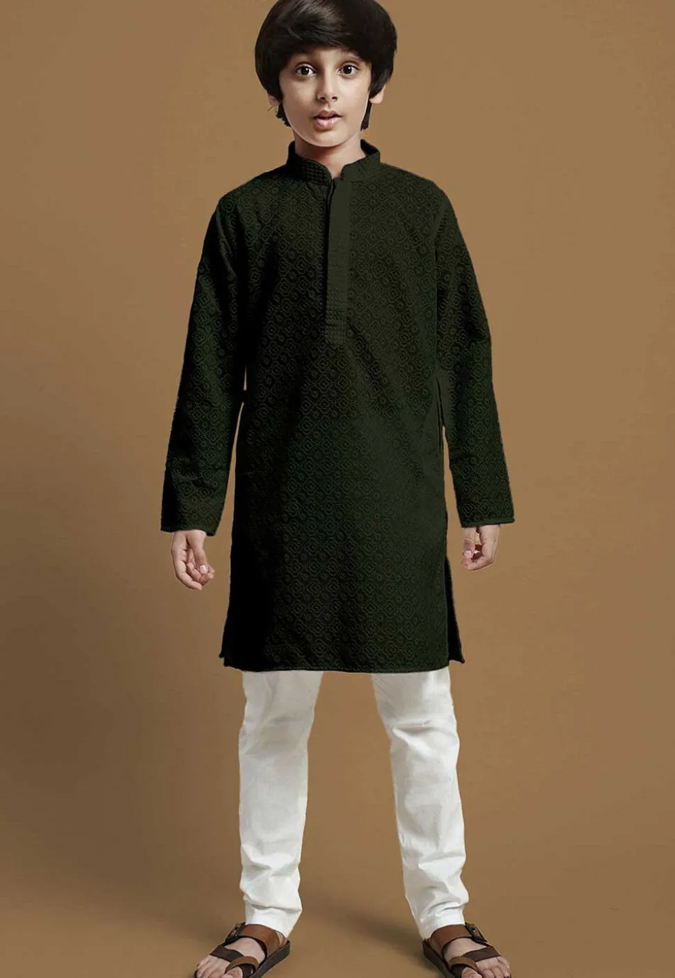 Chikankari Pure Cotton Kurta Set in Dark Olive Green