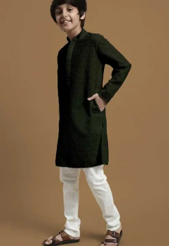 Chikankari Pure Cotton Kurta Set in Dark Olive Green