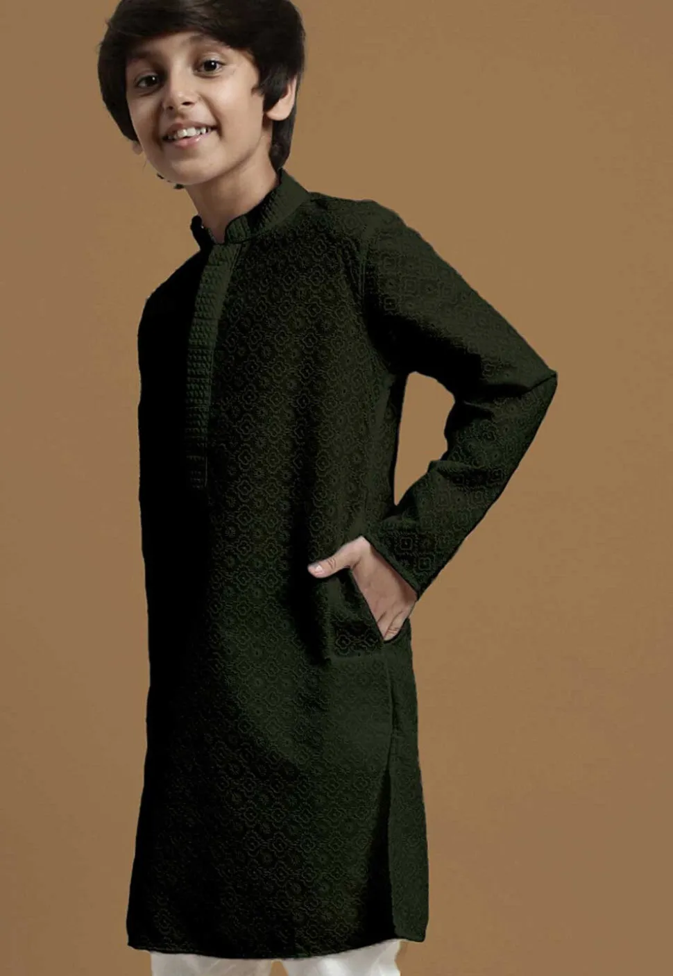 Chikankari Pure Cotton Kurta in Dark Olive Green