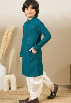 Chikankari Pure Cotton Kurta Set in Teal Blue