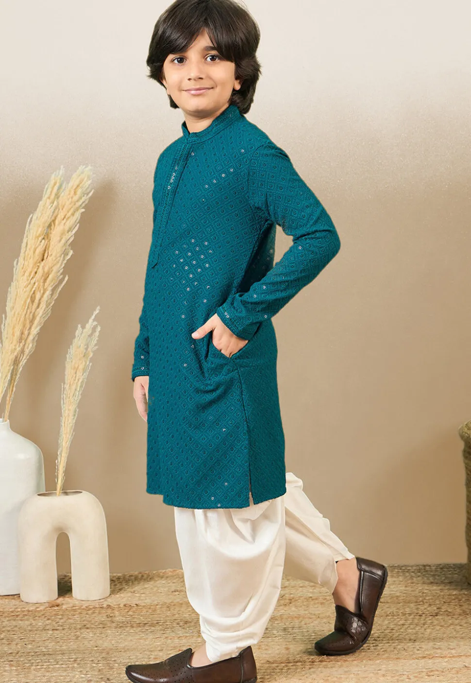 Chikankari Pure Cotton Kurta Set in Teal Blue