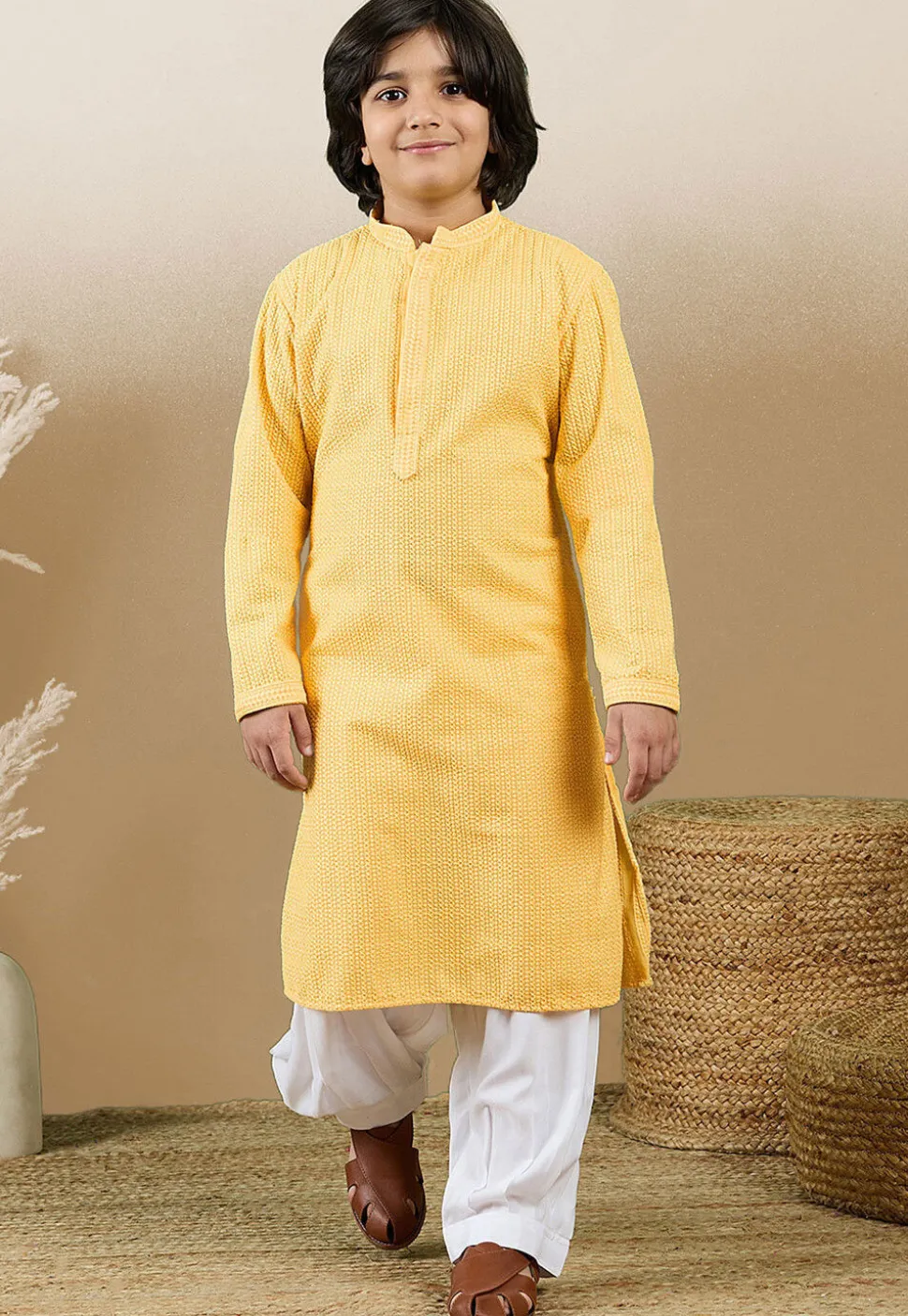 Chikankari Pure Cotton Kurta Set in Mustard