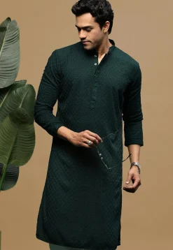 Chikankari Pure Cotton Kurta in Dark Teal Green