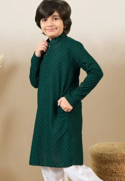 Chikankari Pure Cotton Kurta in Dark Green