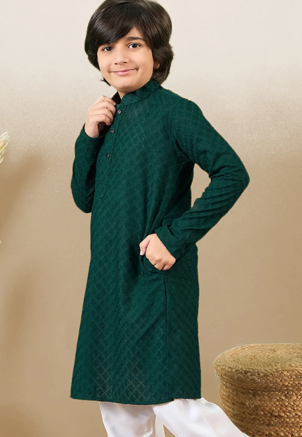 Chikankari Pure Cotton Kurta in Dark Green