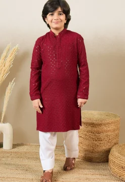 Chikankari Pure Cotton Kurta Set in Maroon