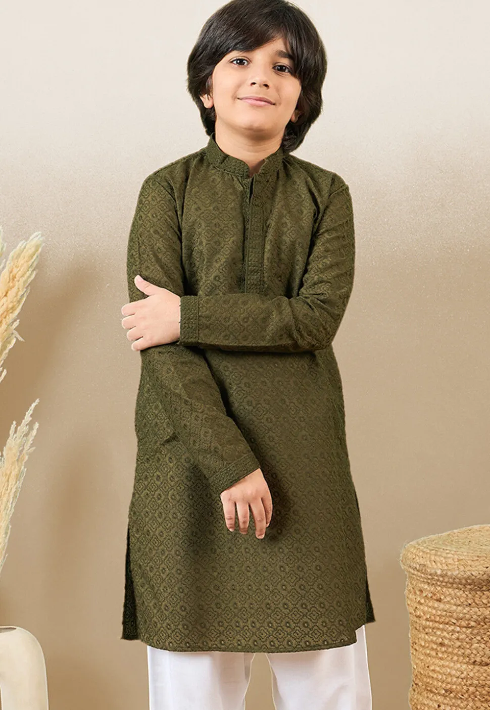 Chikankari Pure Cotton Kurta in Olive Green