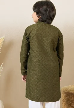 Chikankari Pure Cotton Kurta in Olive Green
