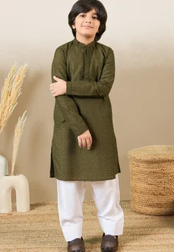 Chikankari Pure Cotton Kurta in Olive Green