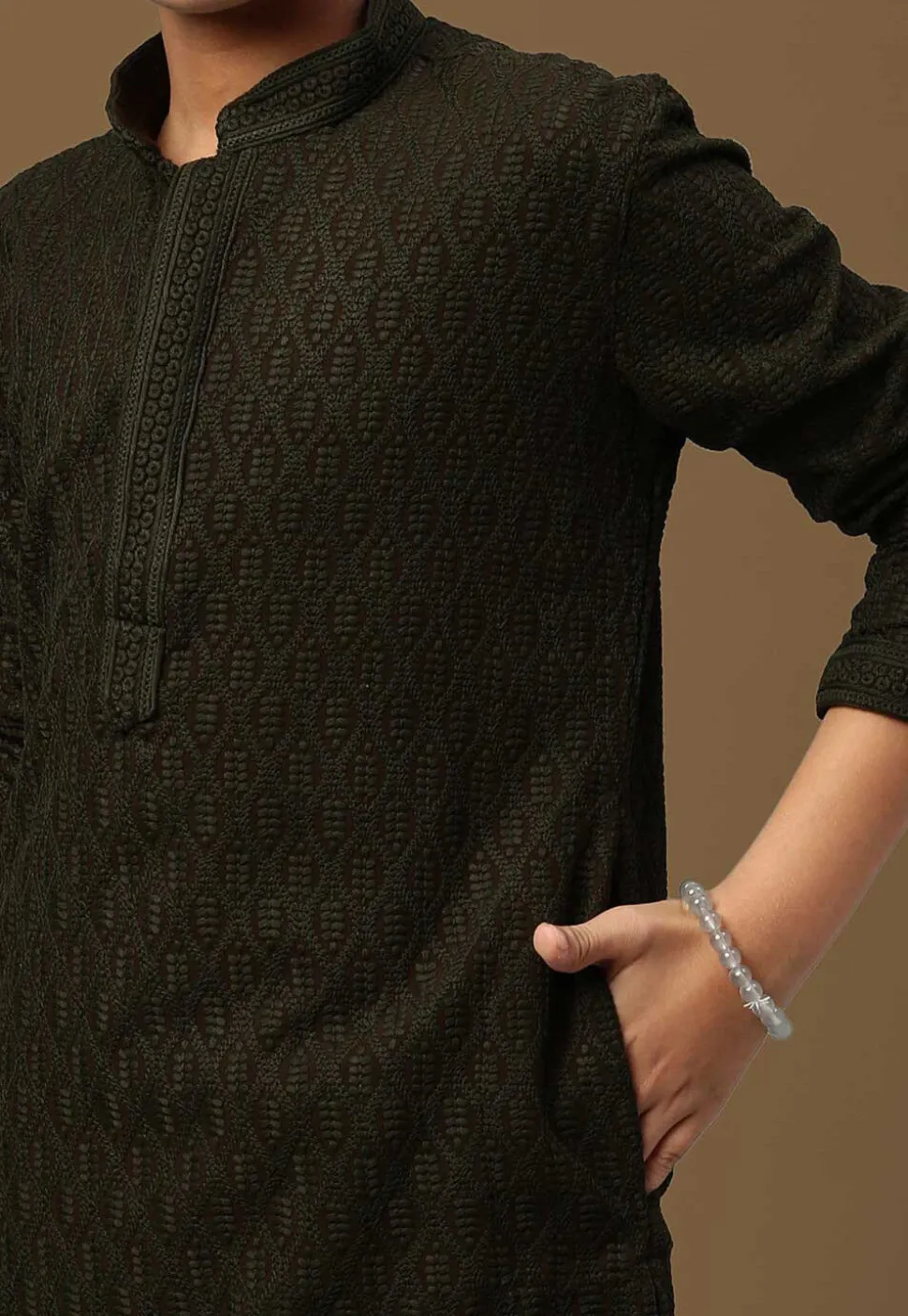 Chikankari Pure Cotton Kurta in Dark Olive Green