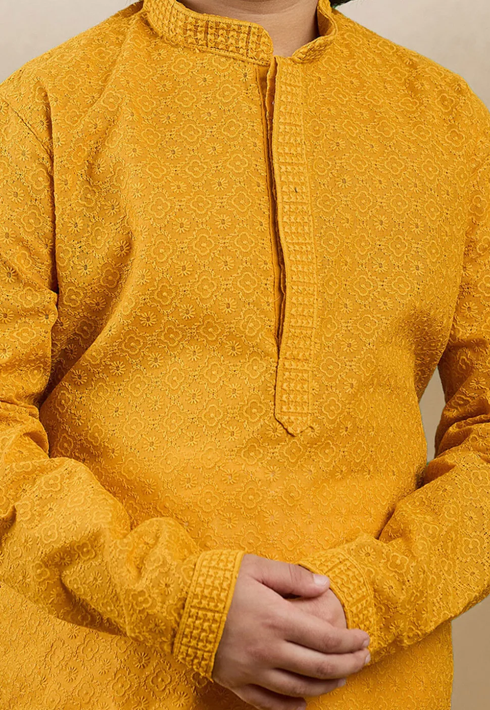 Chikankari Pure Cotton Kurta Set in Mustard