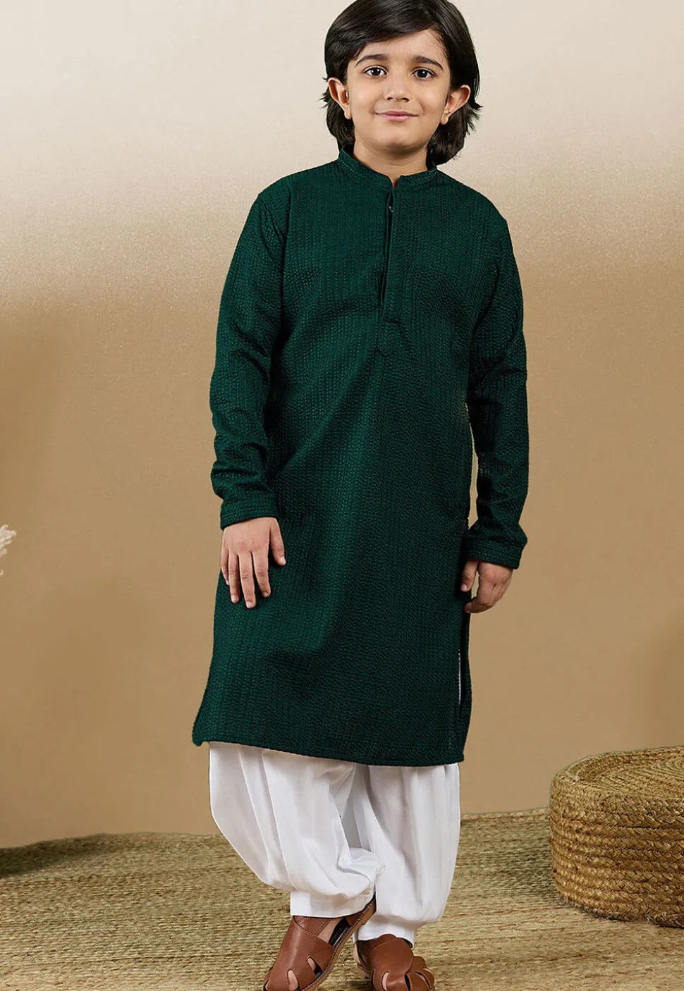 Chikankari Pure Cotton Kurta Set in Dark Green