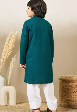 Chikankari Pure Cotton Kurta Set in Teal Blue