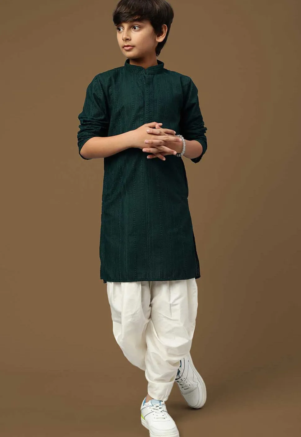 Chikankari Pure Cotton Kurta Set in Dark Teal Green