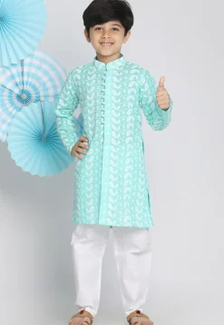 Chikankari Pure Cotton Sherwani Set in Light Blue