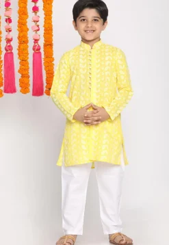 Chikankari Pure Cotton Sherwani Set in Yellow