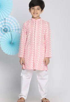 Chikankari Pure Cotton Sherwani Set in Peach
