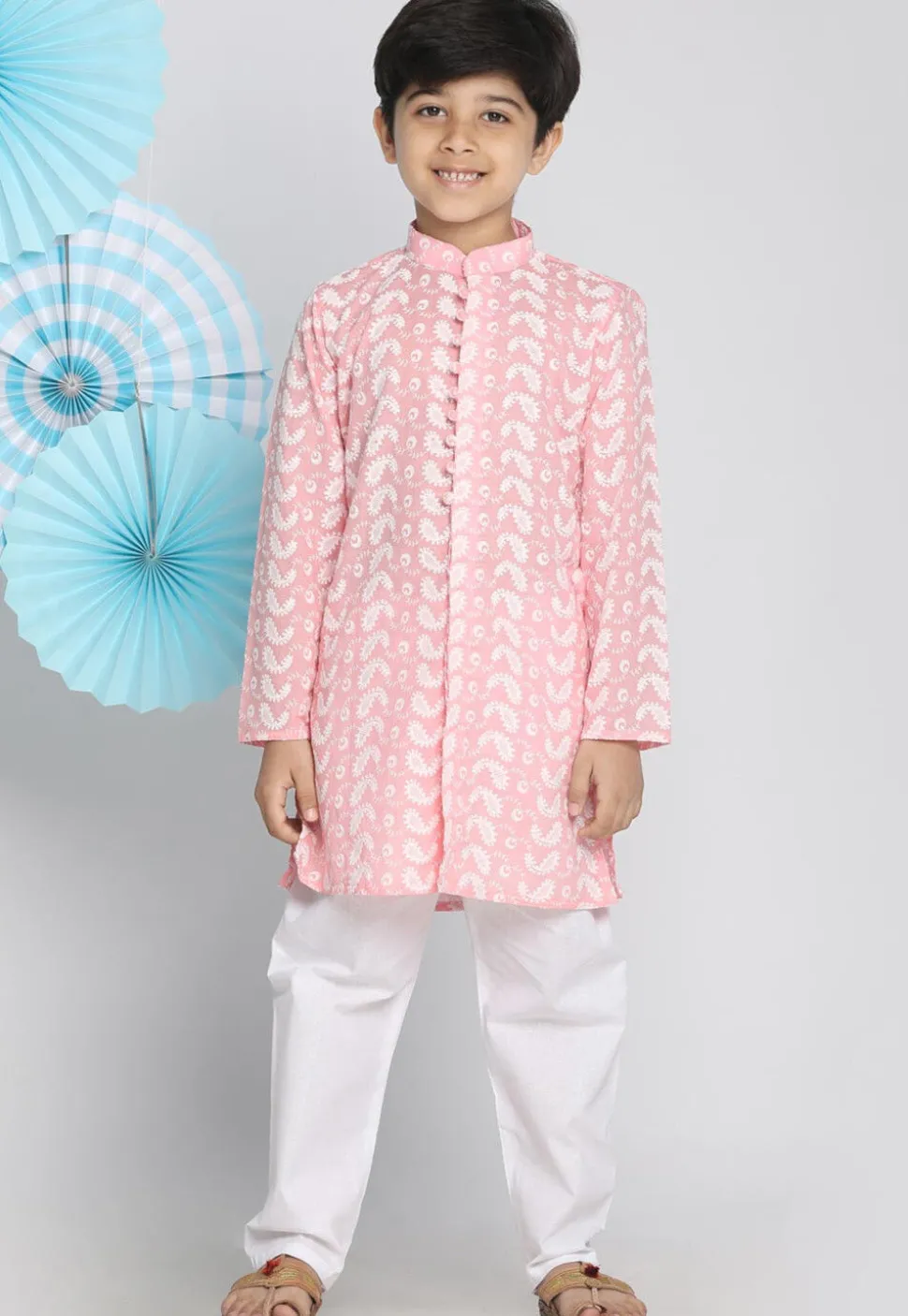 Chikankari Pure Cotton Sherwani Set in Peach