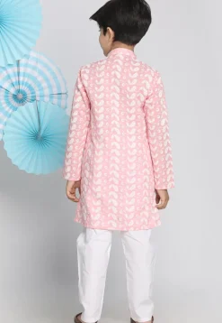 Chikankari Pure Cotton Sherwani Set in Peach