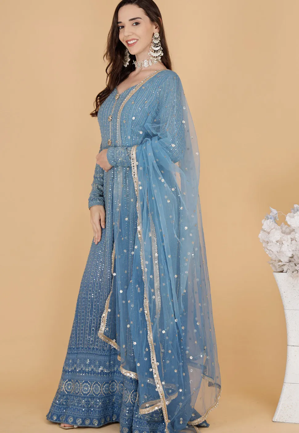 Chikankari Pure Georgette Abaya Style Suit in Blue