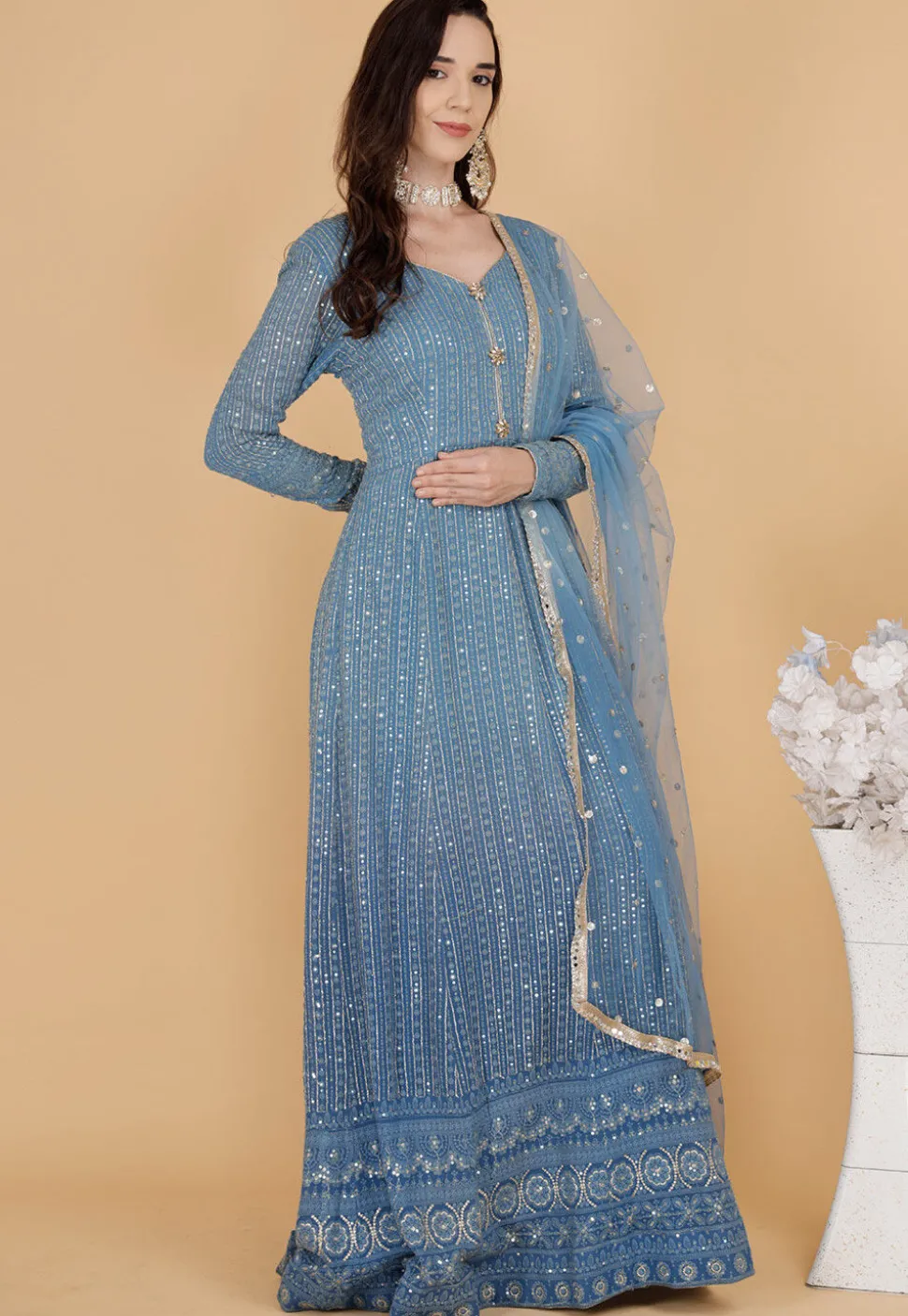 Chikankari Pure Georgette Abaya Style Suit in Blue