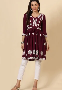 Chikankari Rayon A Line Kurti in Wine