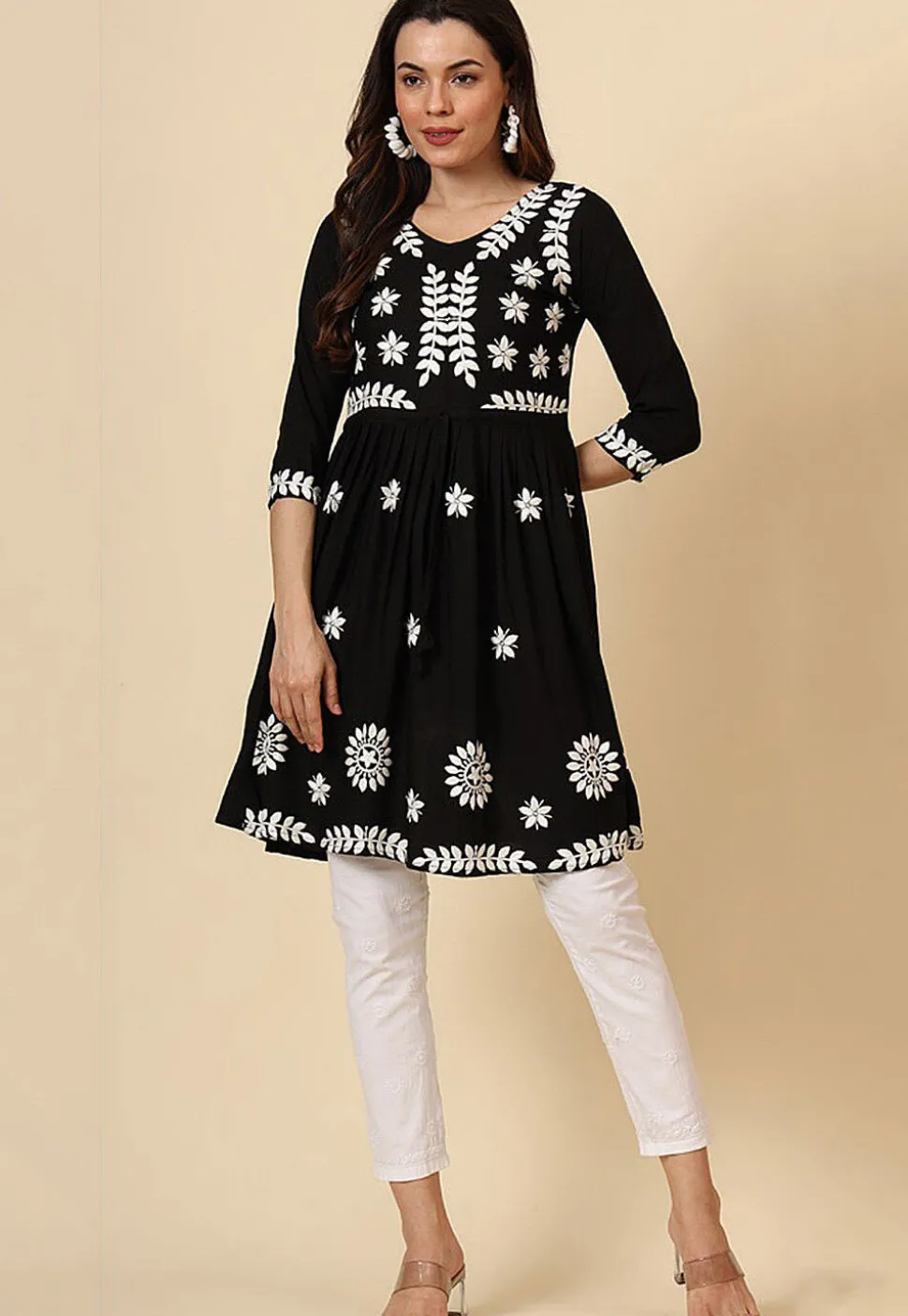 Chikankari Rayon A Line Kurti in Black