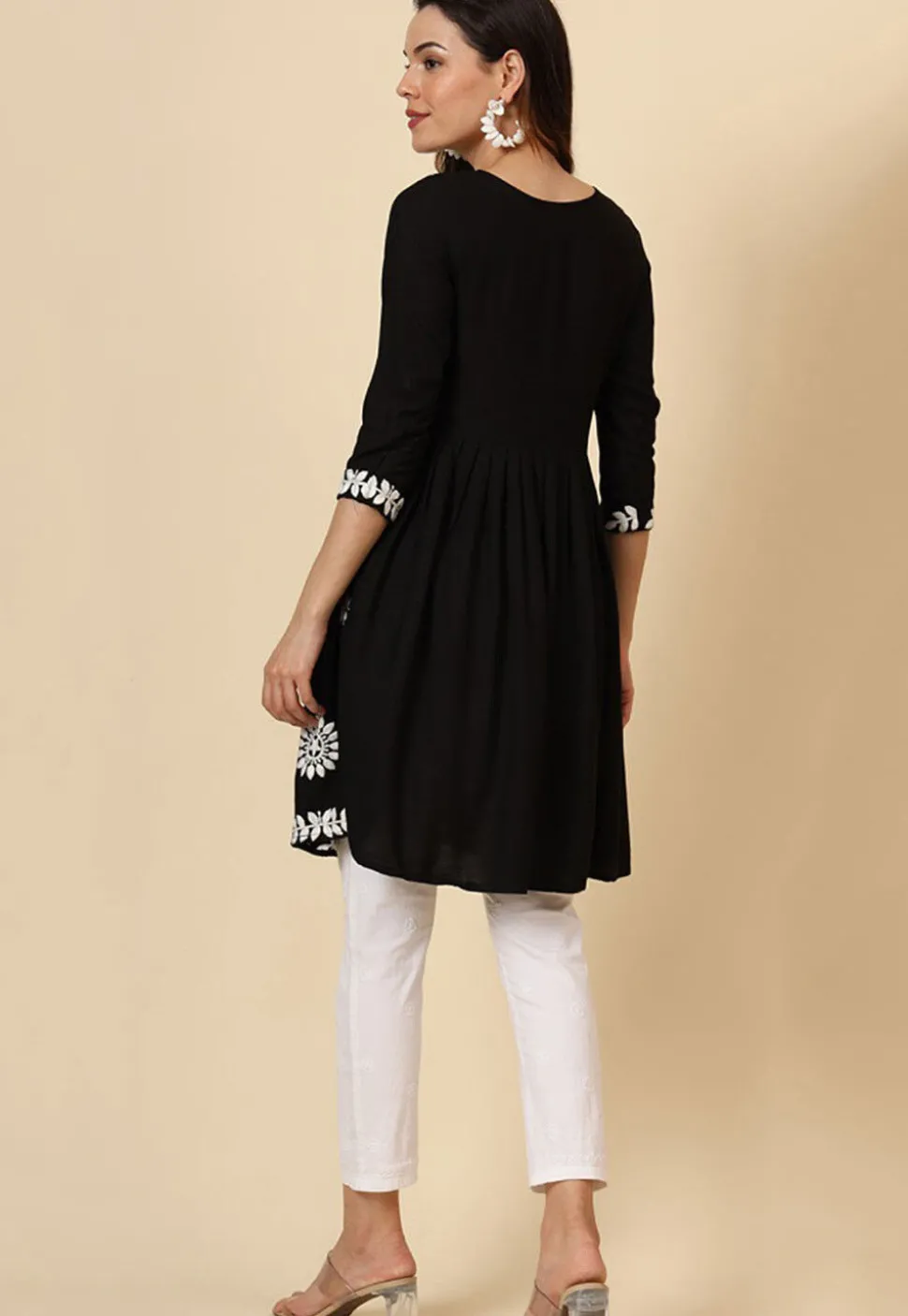 Chikankari Rayon A Line Kurti in Black