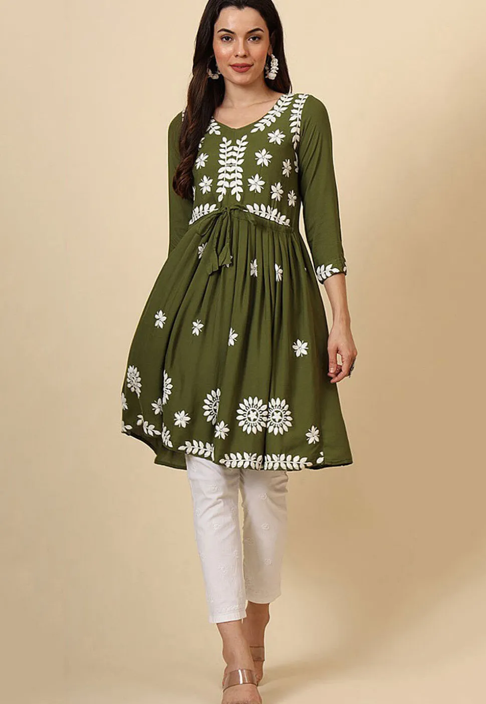 Chikankari Rayon A Line Kurti in Olive Green