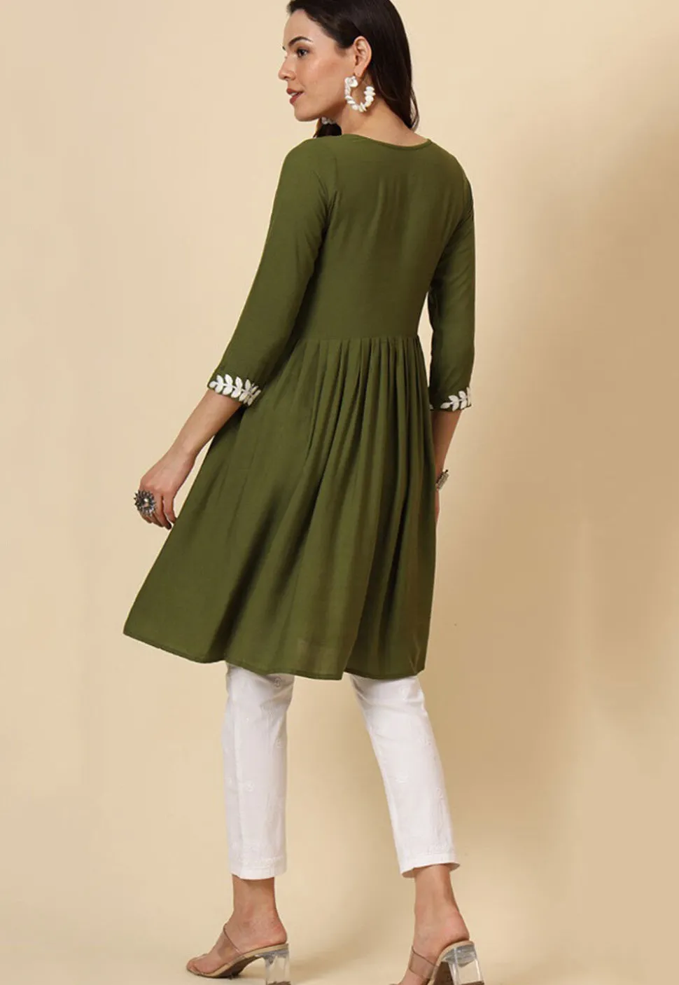 Chikankari Rayon A Line Kurti in Olive Green
