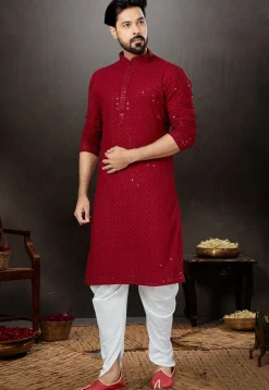Chikankari Rayon Dhoti Kurta in Red