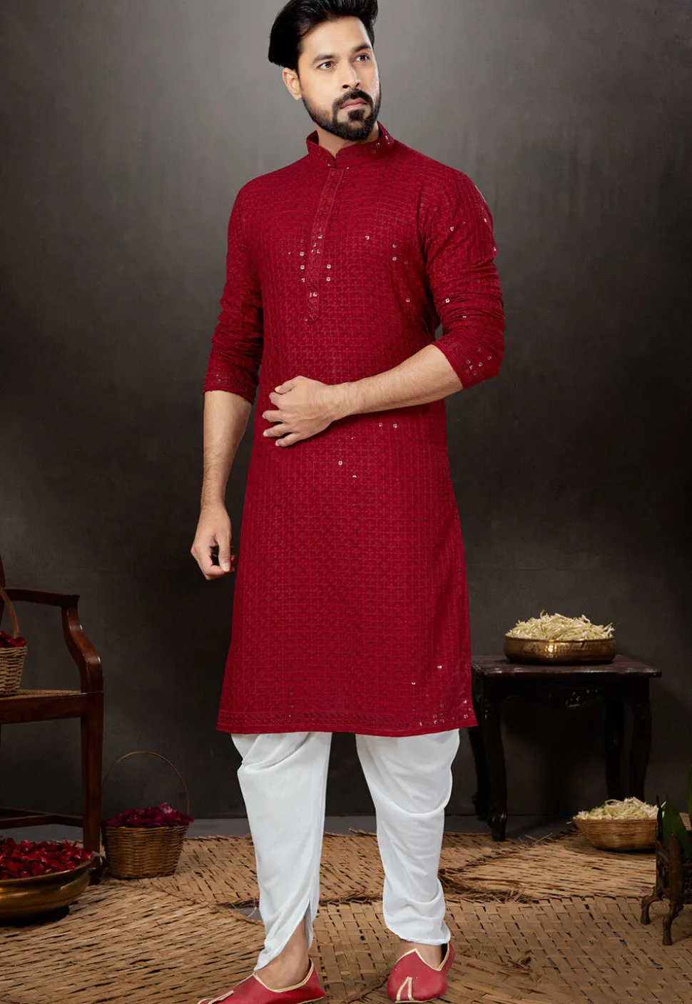 Chikankari Rayon Dhoti Kurta in Red