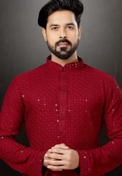 Chikankari Rayon Dhoti Kurta in Red