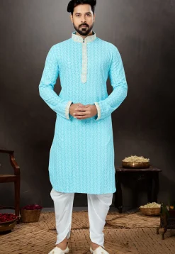 Chikankari Rayon Dhoti Kurta in Sky Blue