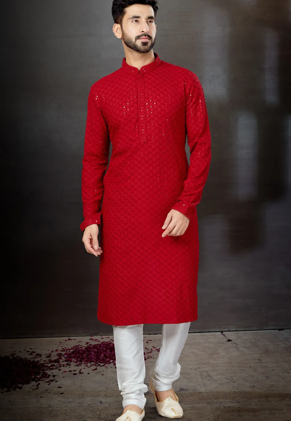 Chikankari Rayon Kurta Set in Red