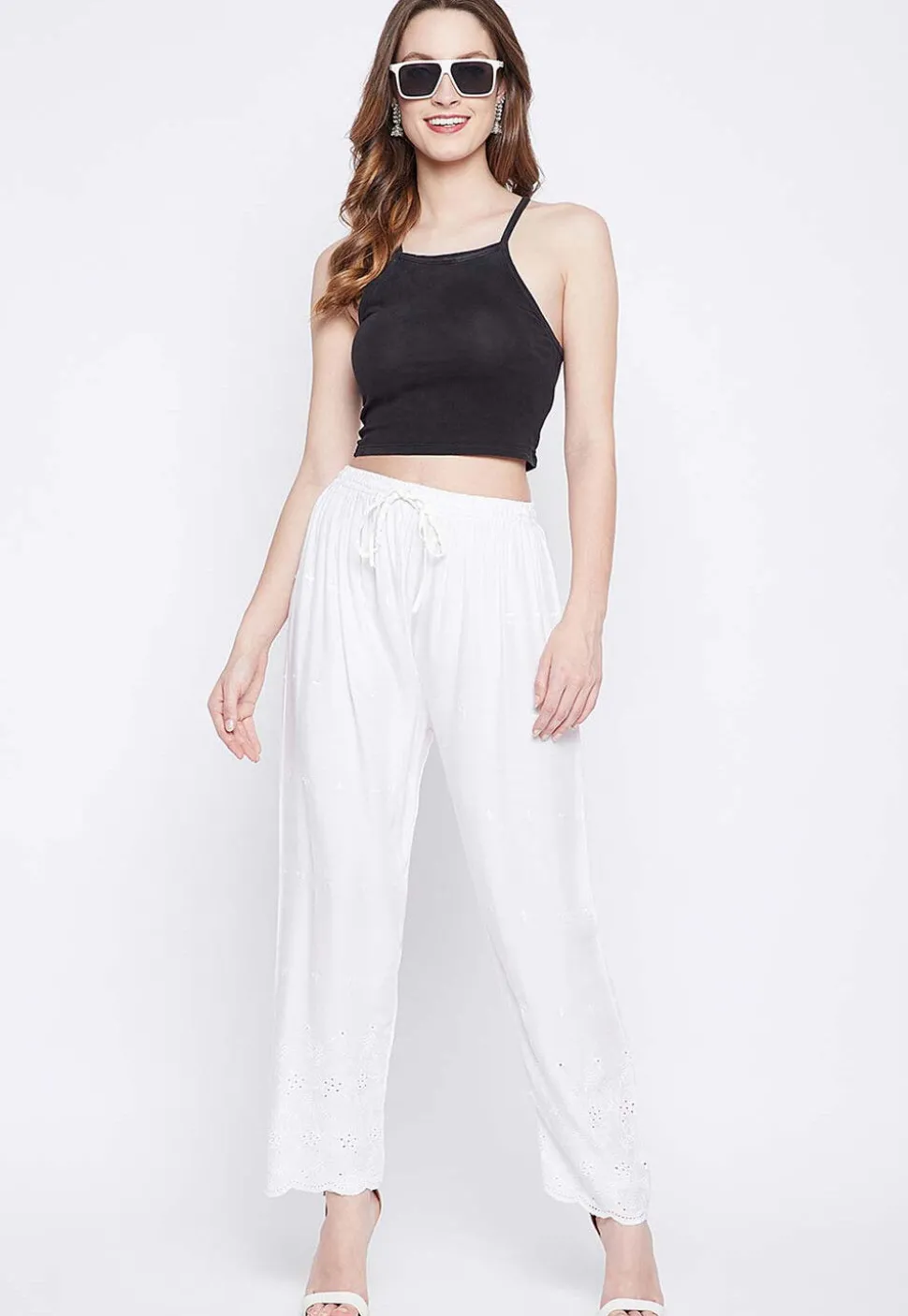 Chikankari Rayon Pant in White