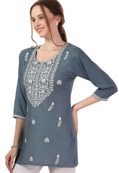 Chikankari Rayon Short Kurti in Grey