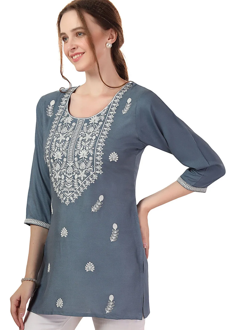 Chikankari Rayon Short Kurti in Grey