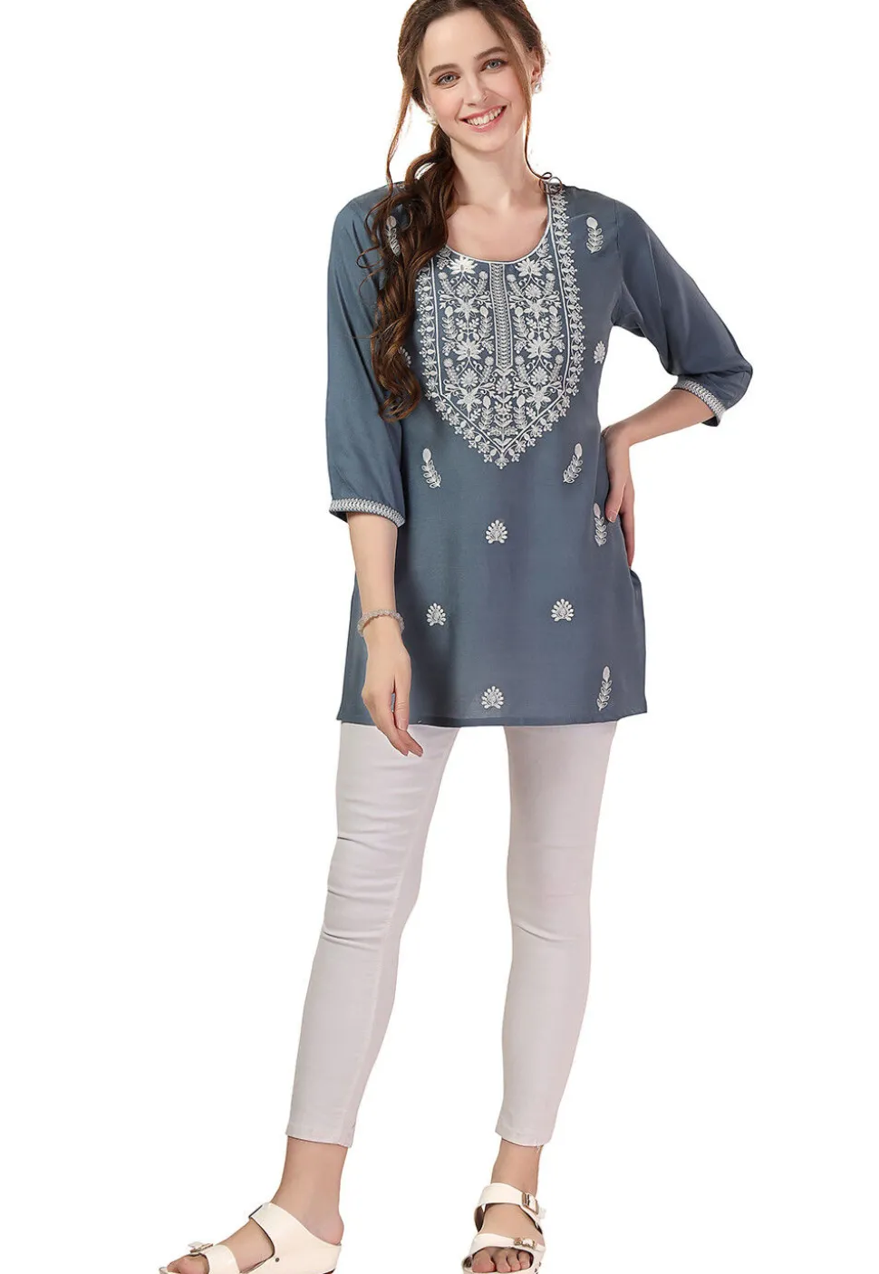 Chikankari Rayon Short Kurti in Grey