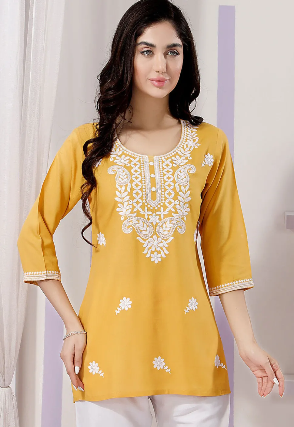 Chikankari Rayon Short Kurti in Yellow