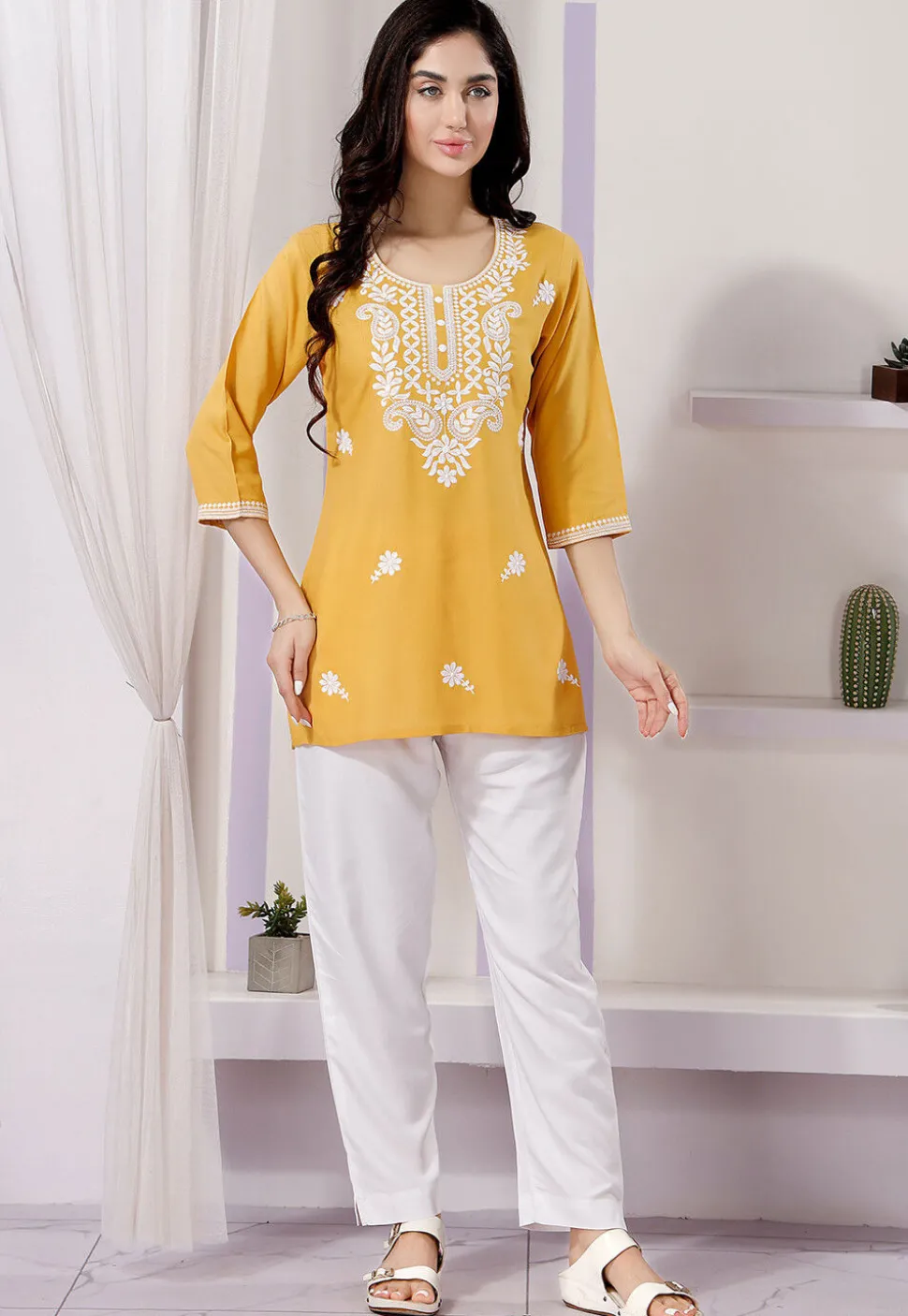 Chikankari Rayon Short Kurti in Yellow