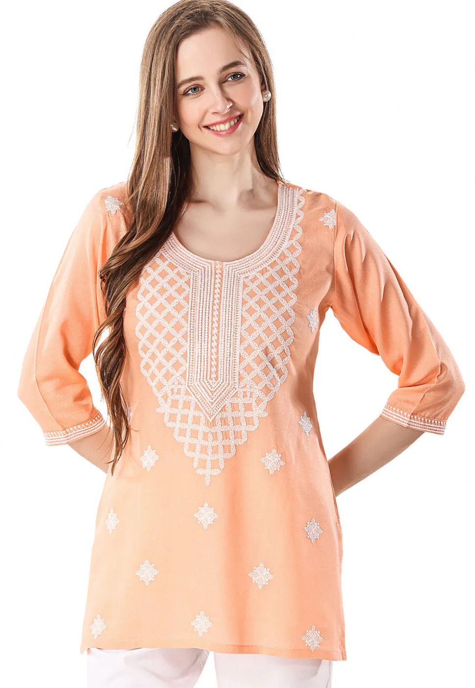 Chikankari Rayon Short Kurti in Peach